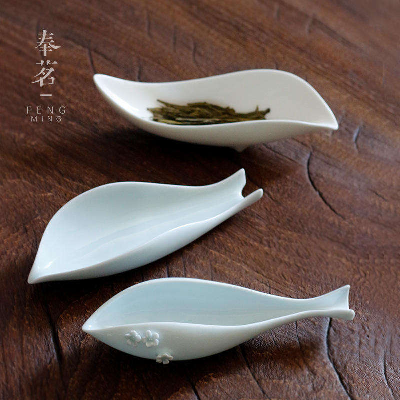 陶瓷茶荷 清新茶则鱼形 赏茶勺特色茶铲六 子君茶道配件梅花茶器