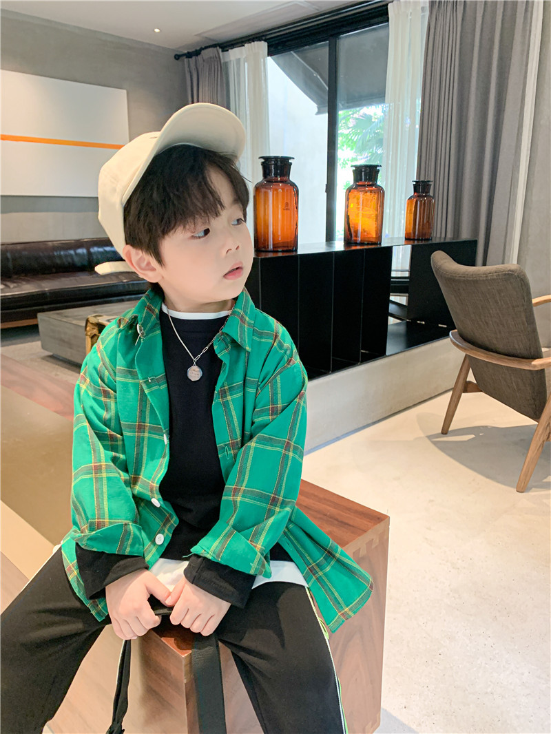 男童格子衬衫2020春秋新款 中小童休闲格纹时尚表情印花潮流衬衫