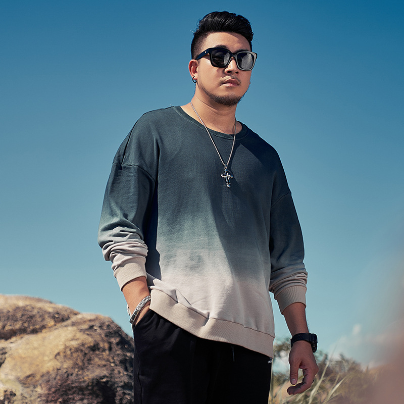 秋季胖子大码卫衣男士宽松圆领帅气纯棉渐变加肥加大学生潮流秋衣