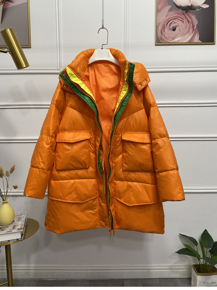 彩虹羽绒服女中长款2020冬季新款韩版亮面连帽加厚宽松女装外套潮