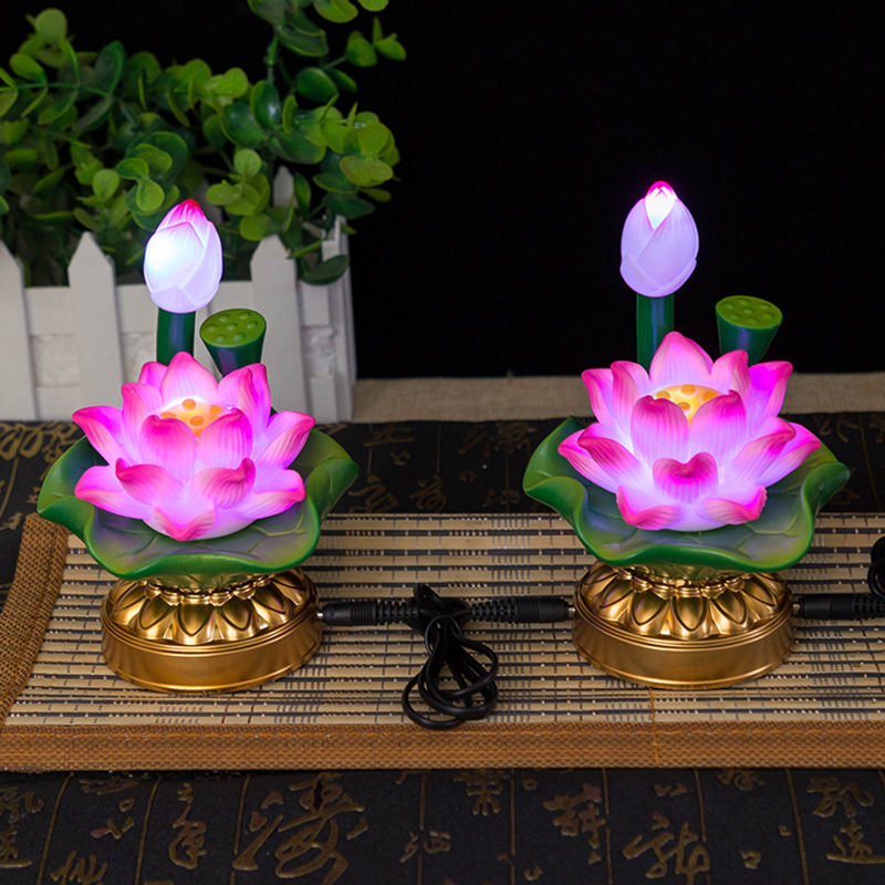 led佛灯佛前供花七彩变色供佛莲花灯荷花灯插电电池两用家用一对
