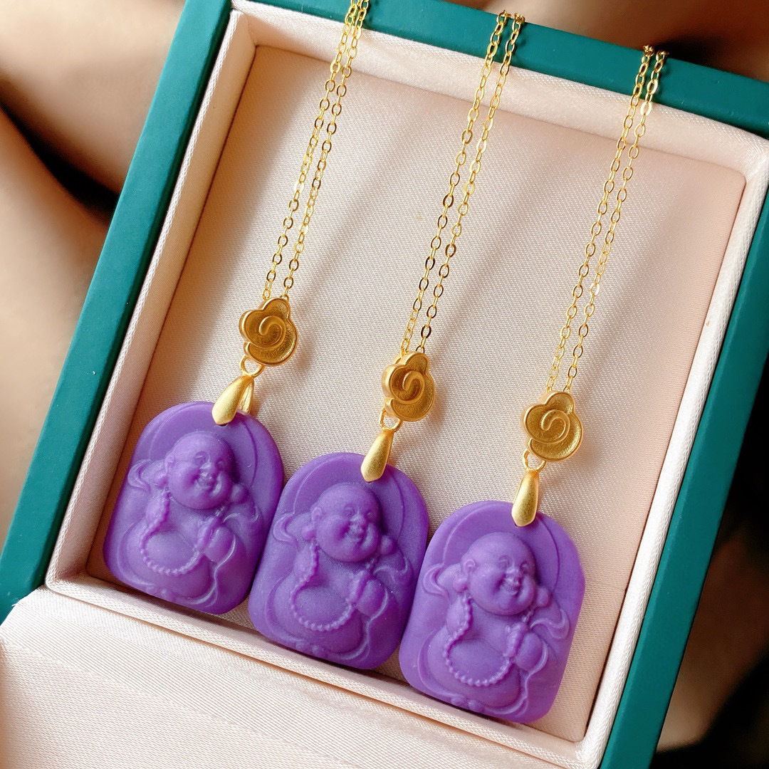 s925纯银天然紫云母佛公吊坠古法金镶嵌雕刻弥勒佛紫云母项链套链