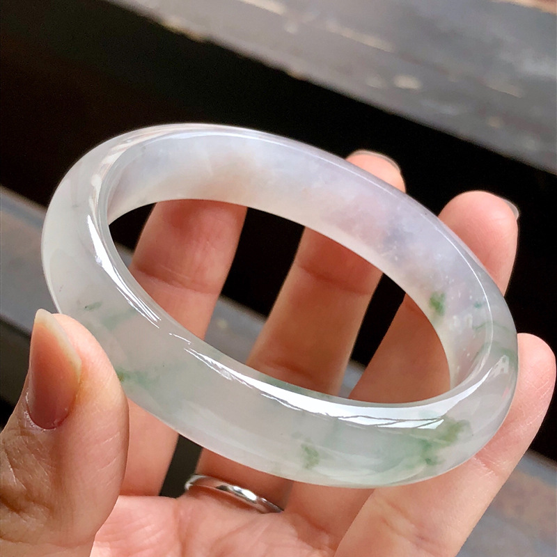缅甸翡翠高冰种水白冰飘花正圈翡翠手镯