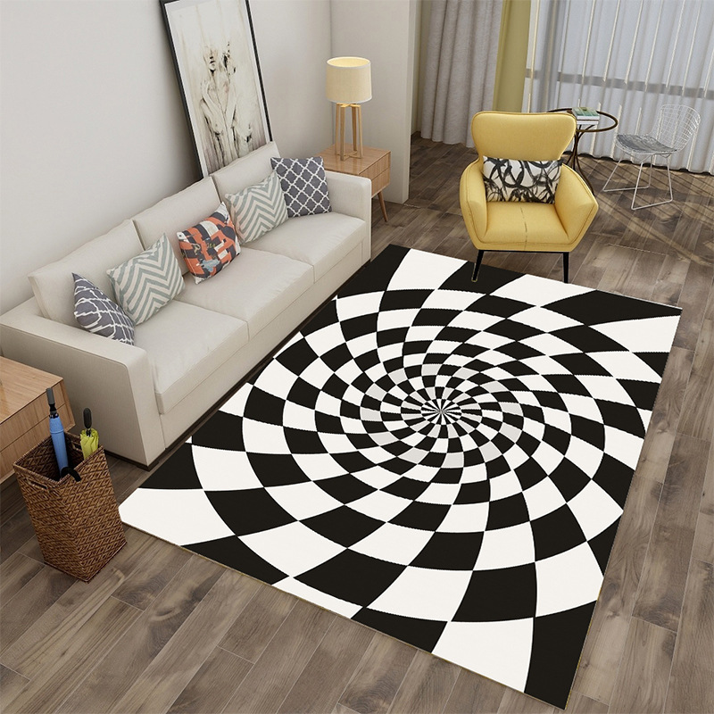 Cross-Border Illusion Black and White Pattern Carpet Living Room Coffee Table Printed Geometric Carpet Simple Home Non-Slip Rectangular Carpet