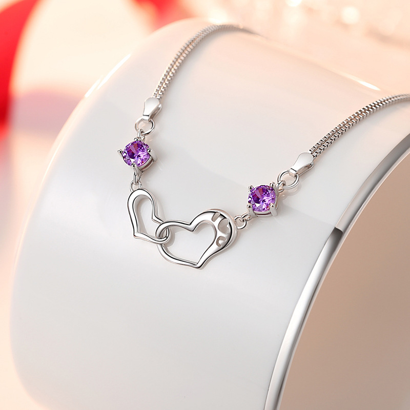 s925纯银手链女 简约心心相印双心手环 七夕情人节礼物生日送女友