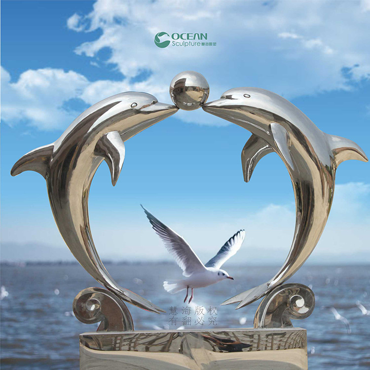 定制生产大型不锈钢镜面动物海豚雕塑 艺术园林景观雕塑 磁力雕塑