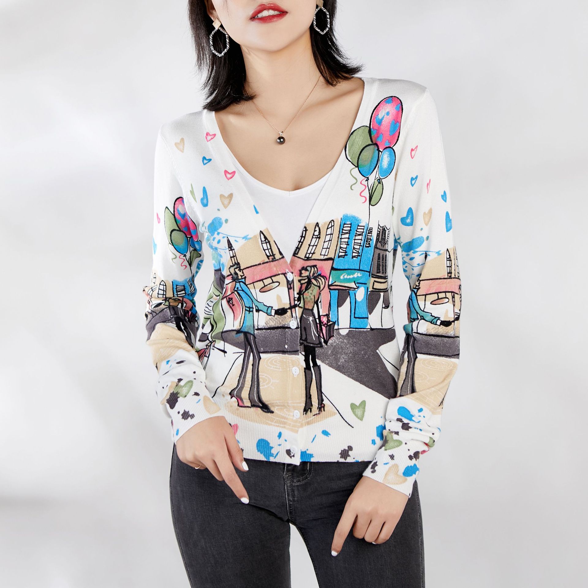 时尚女装v领针织开衫休闲长袖女款开胸上衣