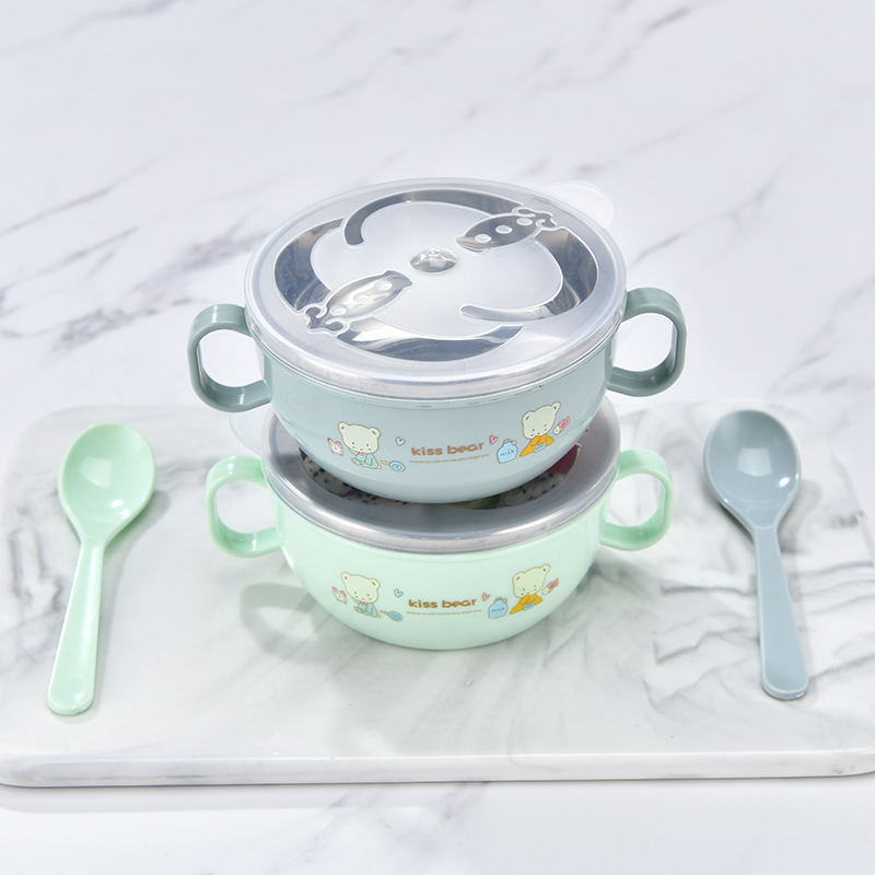 Stainless Steel Children's Cartoon Rice Bowl Double-Layer Insulated Double-Ear Bowl Baby Food Supplement Bowl with Handle Drop-Resistant Bowl with Lid Spoon