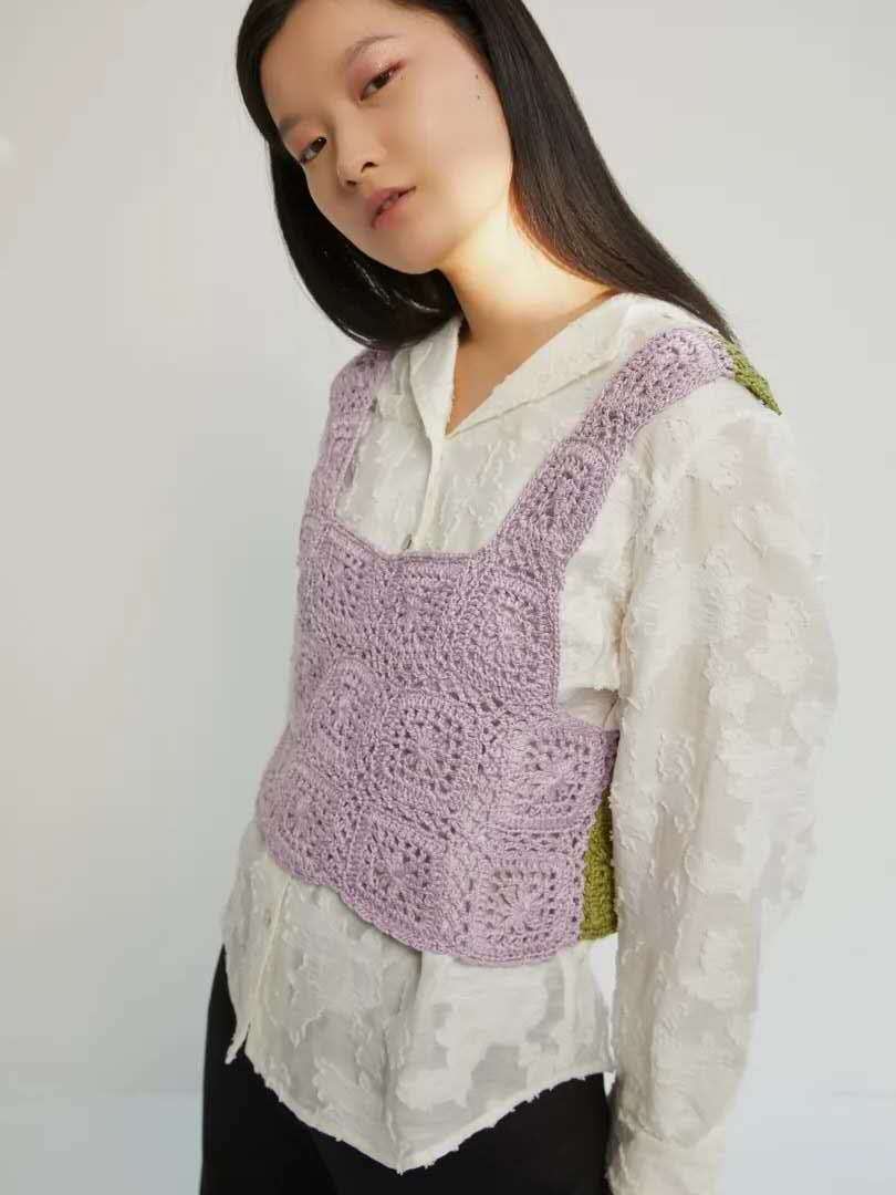 2020春夏新款ins 纯手工钩针编织镂空背心小罩衫 拼色款