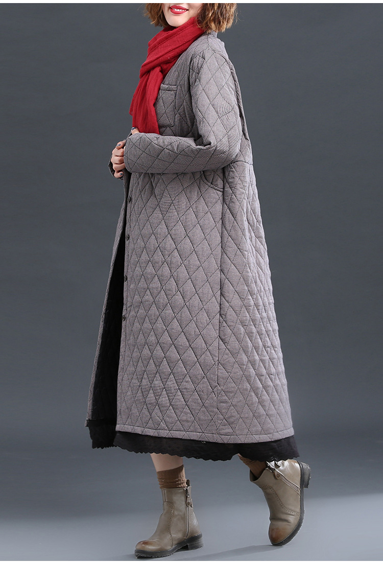 冬民族风印花加长款宽松大码加厚棉麻棉衣棉袄外套女过膝保暖棉服