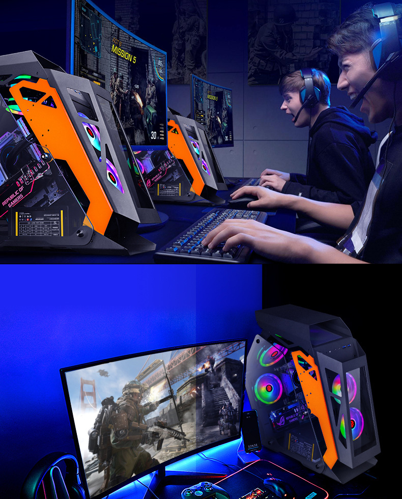跨境玩嘉网咖电竞电脑机箱 台式机双面侧透游戏水冷小咖异形机箱