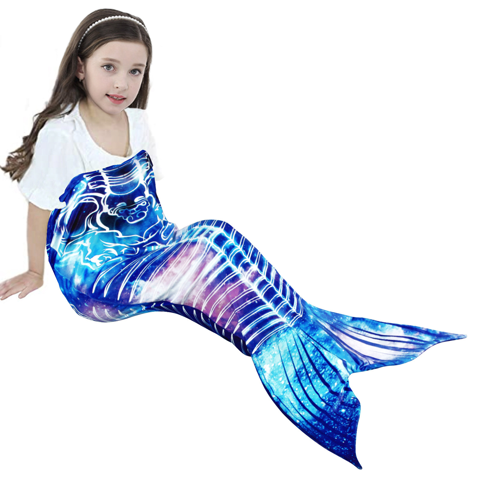 秋冬新款儿童美人鱼数码印花居家保暖懒人可穿睡袋珊瑚绒tv毯子