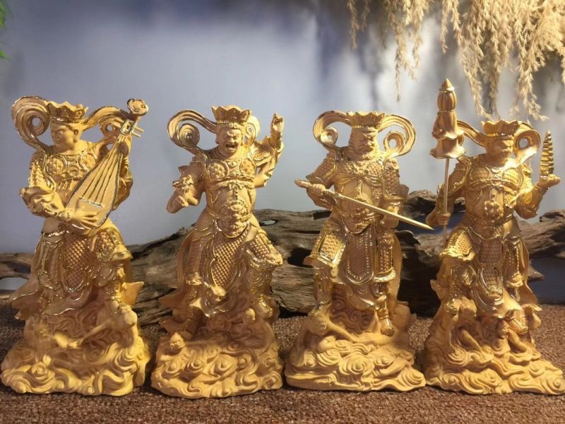 批发黄杨木雕四大金刚天王护法描金款 四大天王木质工艺品 摆件