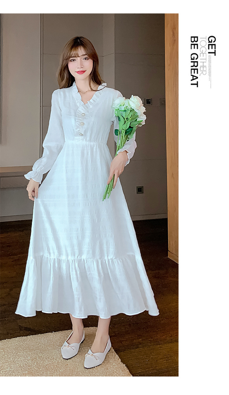 白色长袖连衣裙女春秋仙女白裙子仙气超仙森系长款收腰气质长裙