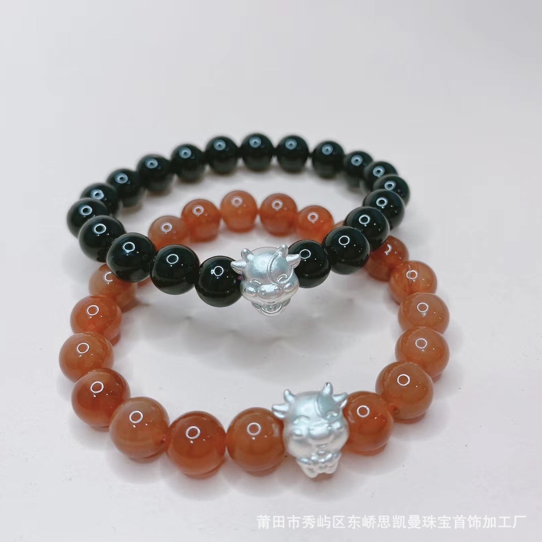 银牛手链本命年五福牛手串3d硬银生肖手链男女成人儿童宝宝红绳