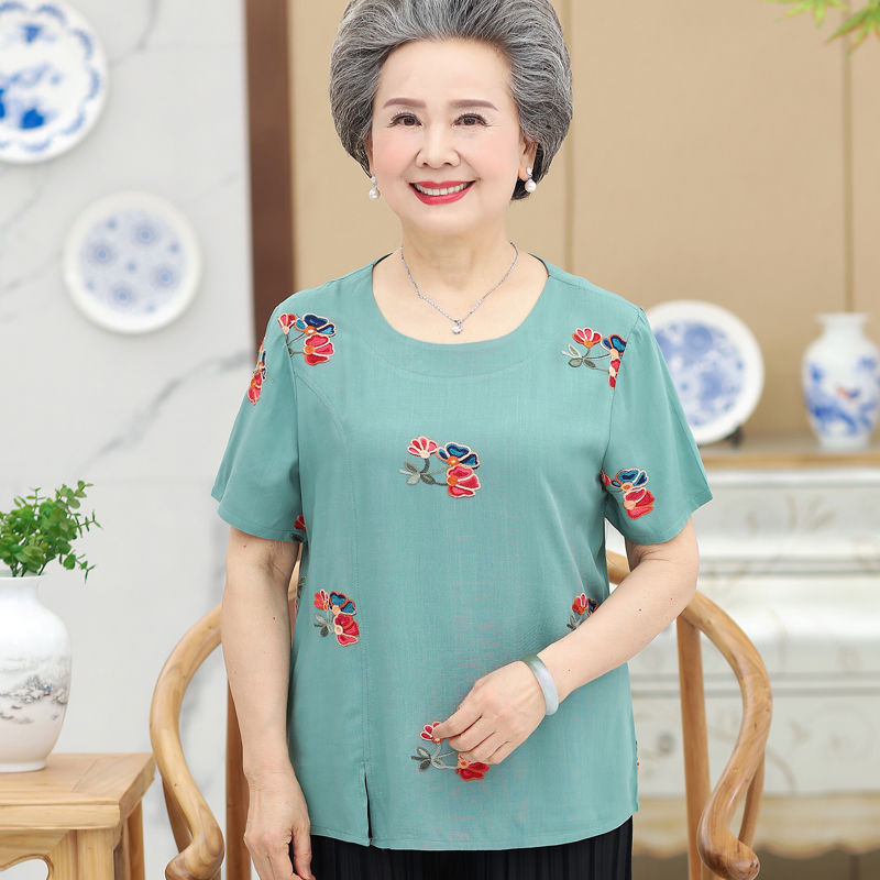 奶奶装夏装短袖棉麻女装中老年人t恤老人上衣60-70岁妈妈宽松衣服