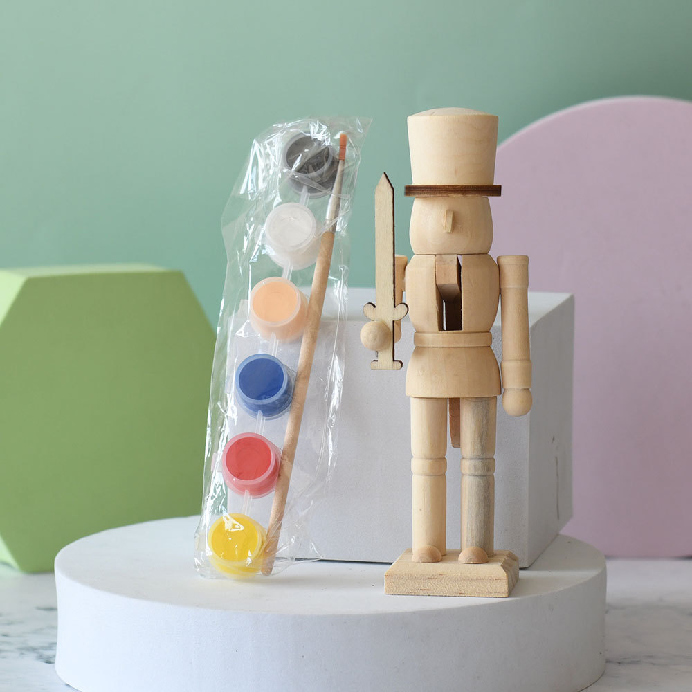 美式15cm木色白胚胡桃夹子木偶人 幼儿园diy彩绘套装木头画画包材