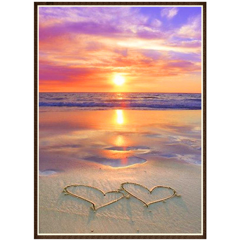 新款5d钻石画满钻海边双爱心日出日落晚霞风景diy装饰砖石绣画