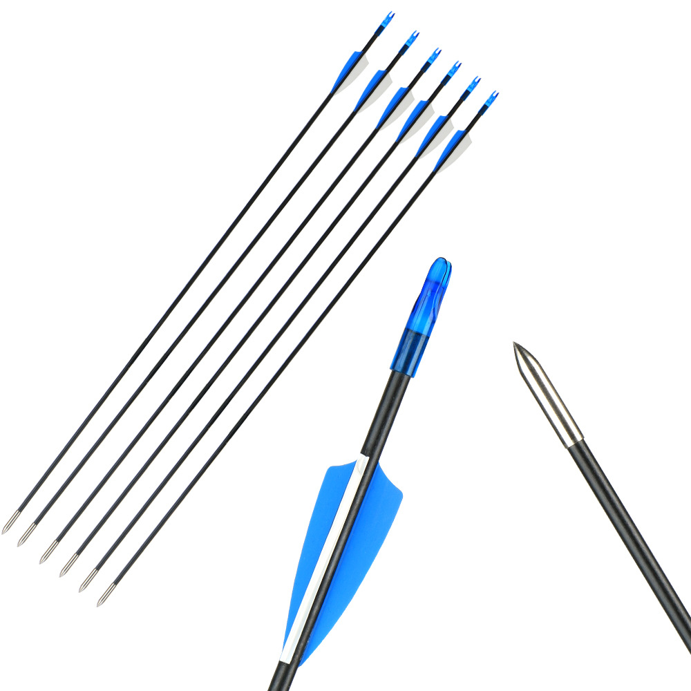 huwairen外贸12支盒装6mm反曲玻纤箭 蓝白箭羽外套弓箭头玻璃钢箭