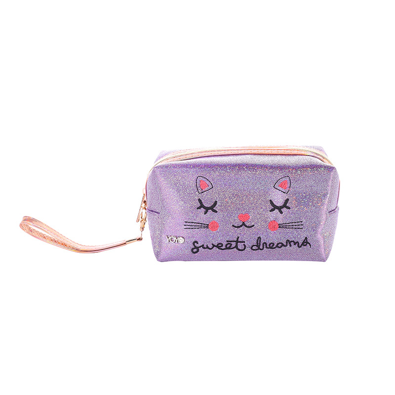 New Pu Laser Cosmetic Bag Letter Cat Embroidered Large Capacity Storage Wash Bag Factory Direct Customized Women's Bag