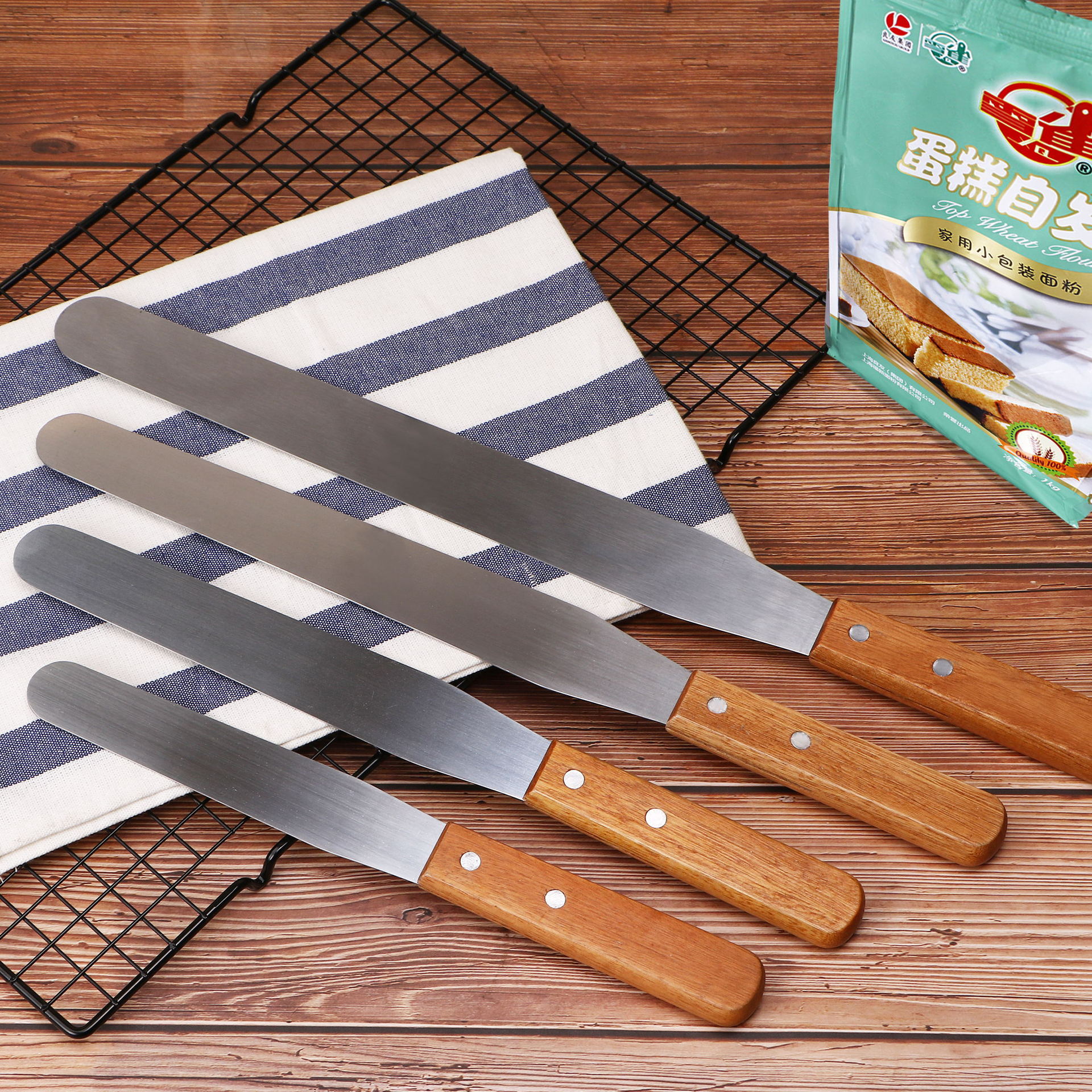 烘焙工具不锈钢木柄防滑抹奶油刀 刮平刀直吻 蛋糕裱花奶油工具