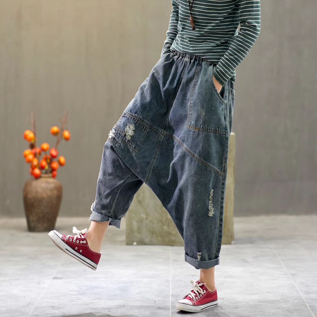 2020原创春爆款松紧腰掉档牛仔垮裤水洗磨白割破宽松休闲九分女裤