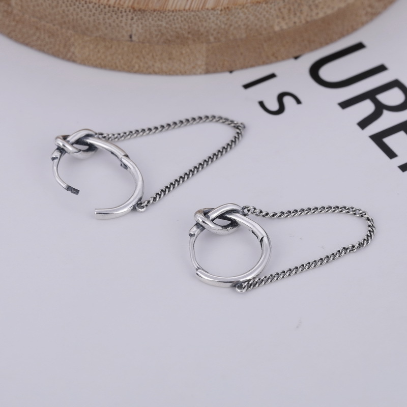 气质冷淡风s925纯银绳结链条耳扣复古做旧韩版新款流苏耳圈饰品