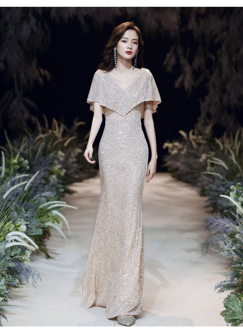香槟色主持人亮片晚礼服2021新款气质长款鱼尾宴会连衣裙简单大方