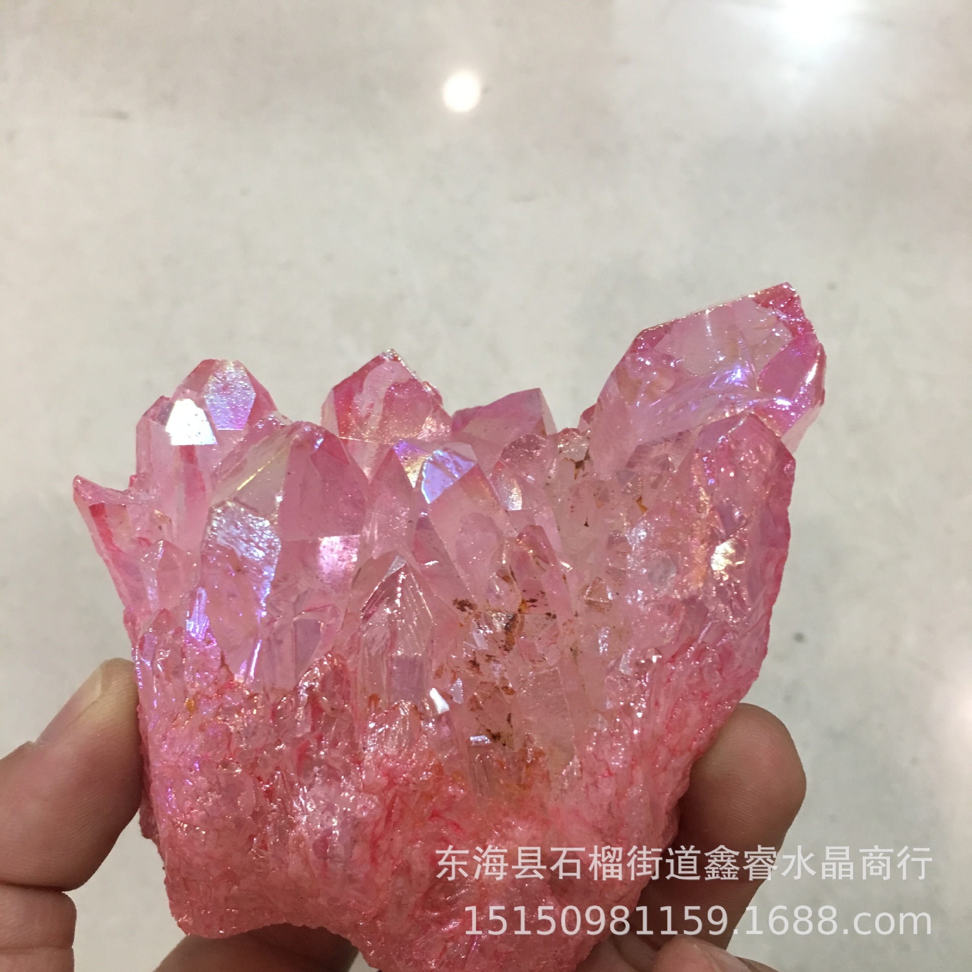 厂家批发东海天然水晶电镀粉水晶簇摆件原石晶簇消磁摆件