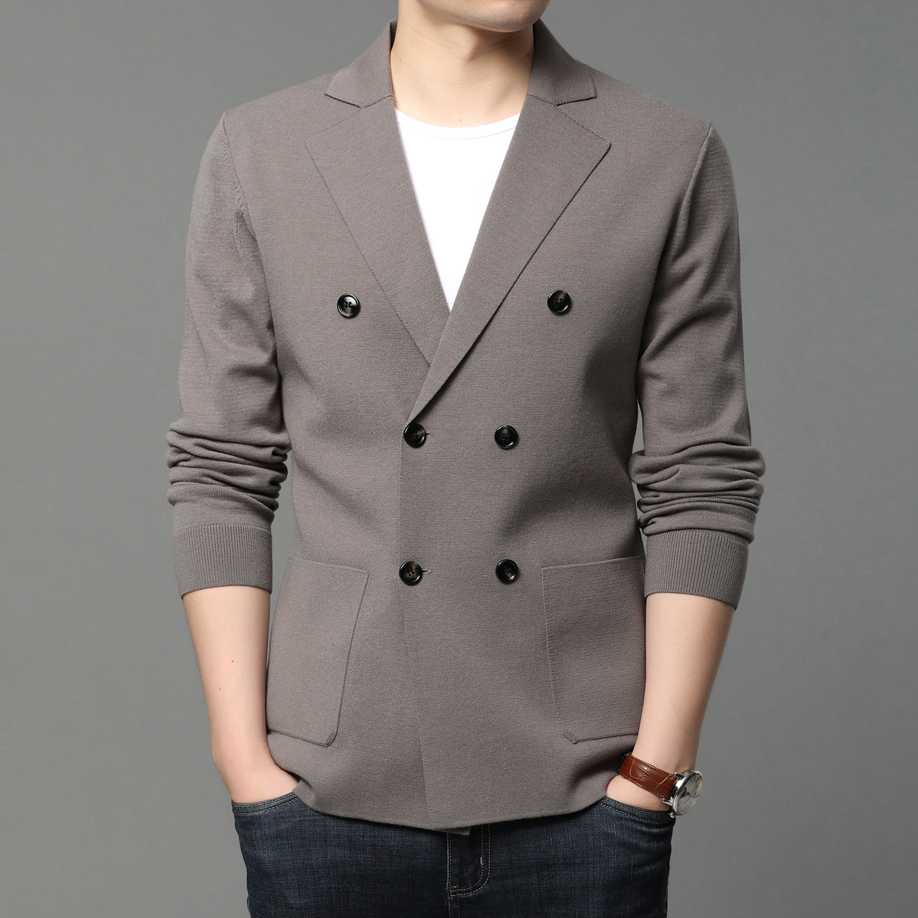 韩版潮流工装外套男春秋宽松男士夹克衫休闲中年小西装男装针织衫