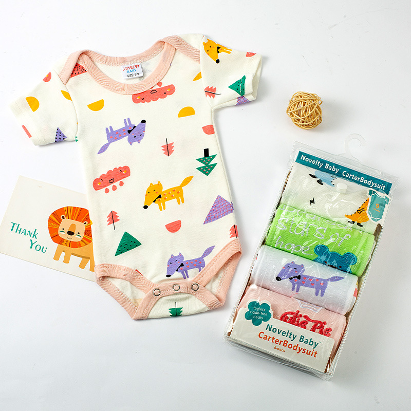 Candy Color Children's Triangle Rompers Cartoon Printing Five-Piece Romper Cotton Newborn Baby Clothes Gift Box Wholesale