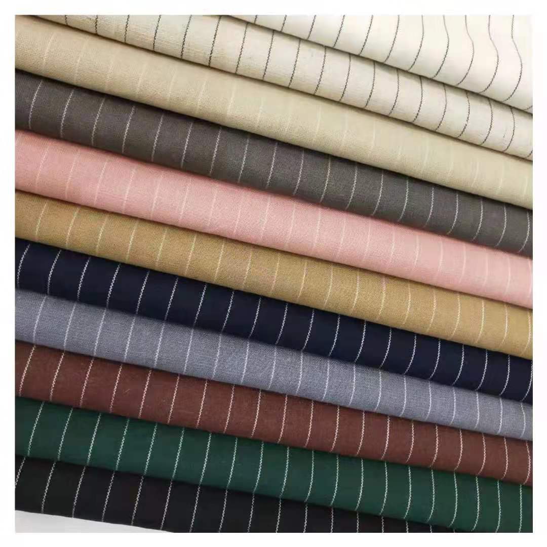 新艺 粘胶亚麻弹力条子面料弹力麻布料棉麻条纹布服装裤子布料