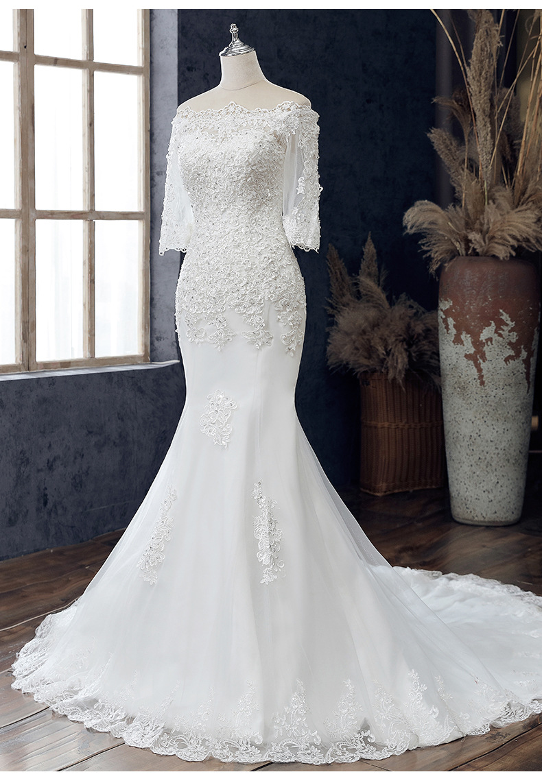 商品描述腰型中腰裙长拖尾袖长短袖婚纱礼服款式一字肩流行元素绑带