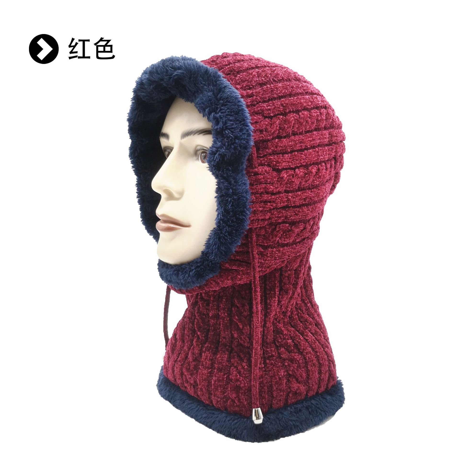 抽绳套头帽女骑行护脖雪尼尔风雪帽情侣户外骑车加绒加厚潮针织帽