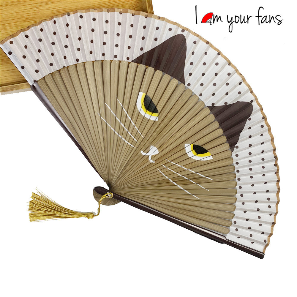 现货烤漆扇骨喷绘猫咪扇子 日式和风卡通猫咪套装折扇