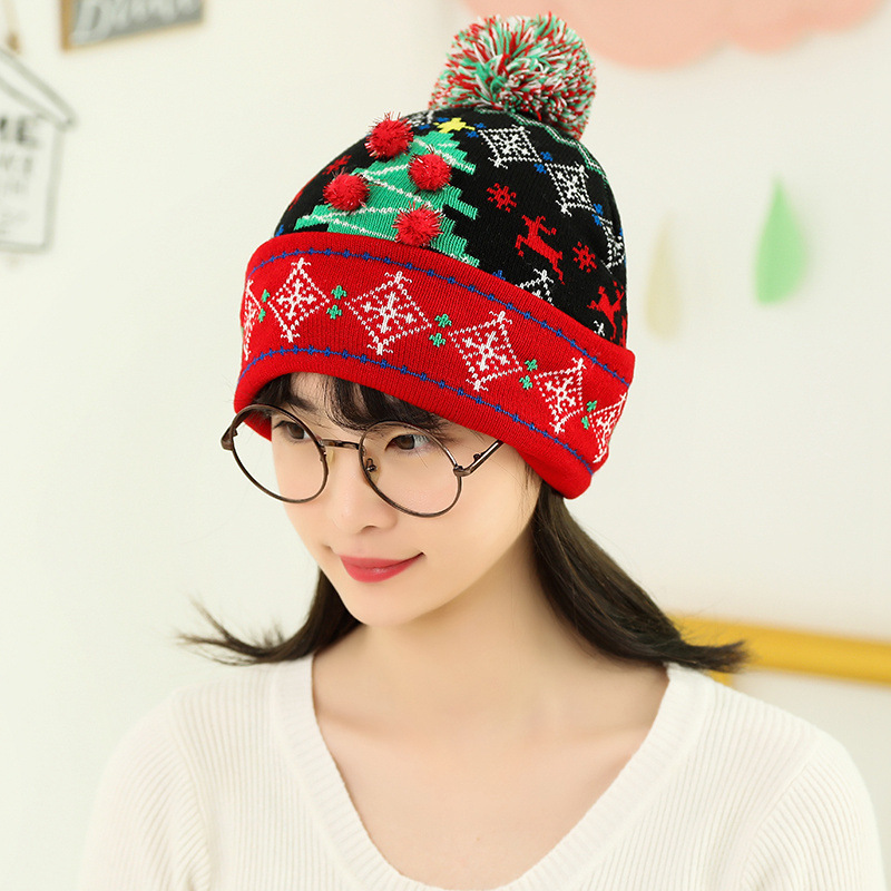 装饰帽饰品小帽子针织提花帽可爱卡通儿童毛线绒球帽子圣诞节礼物