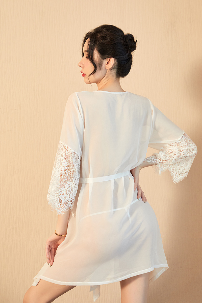 情趣内衣性感欧美大码雪纺开衫式蕾丝袖睡袍透视诱惑浴袍睡裙套装