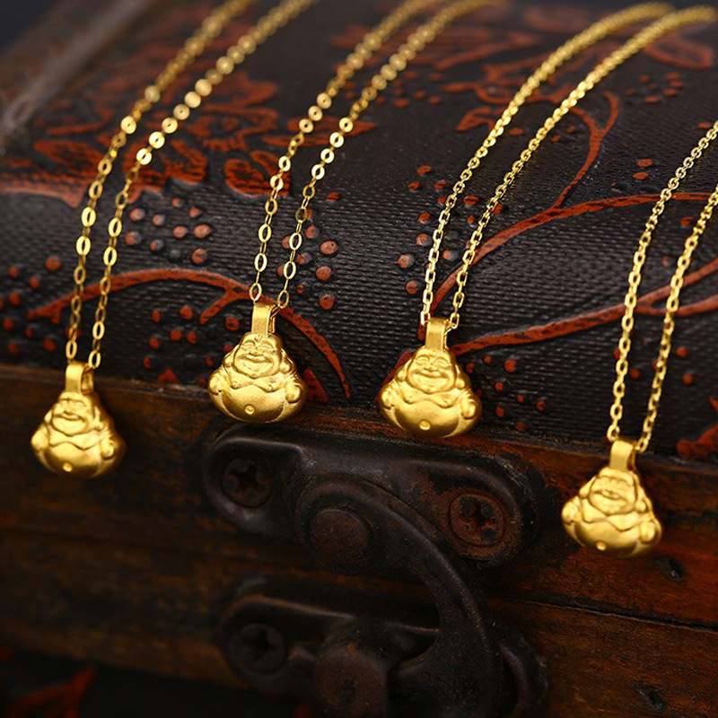 黄金弥勒佛迷你吊坠999足金小金佛3d硬金佛头项链锁骨链女款-阿里巴巴