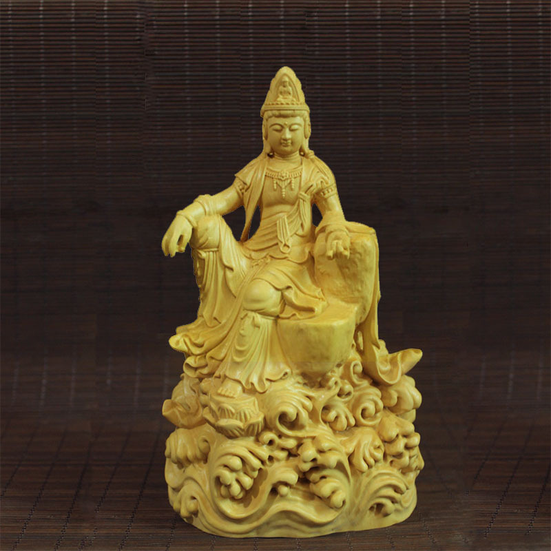 小叶黄杨木雕自在观世音菩萨家居工艺品佛像摆件背刻心经一件代发