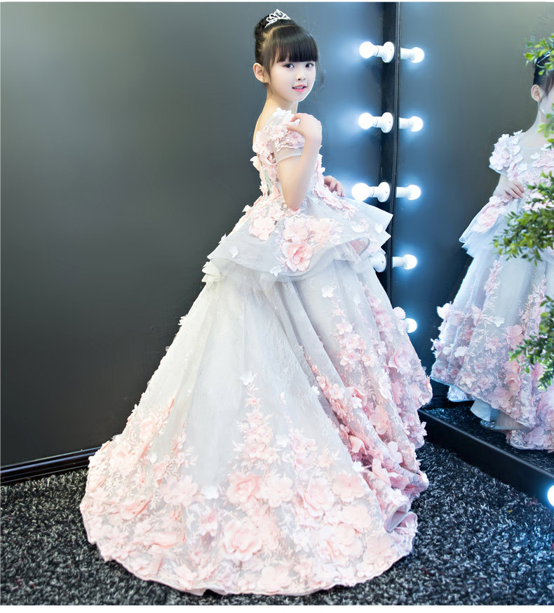 儿童礼服花童公主裙女童大拖尾模特走秀礼服婚纱钢琴演出蓬蓬裙春