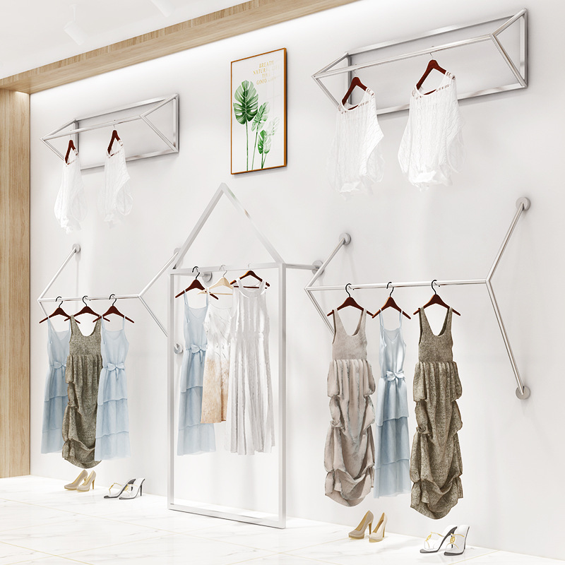 简约服装店展示架男女装店铺上墙侧挂衣帽架银色铁艺挂衣陈列货架