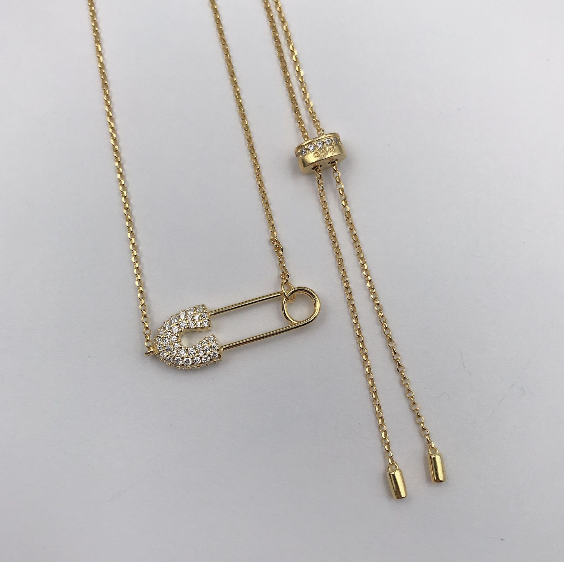 gz-apm 925纯银别针项链女 欧美简约黄金色吊坠锁骨链毛衣链脖链