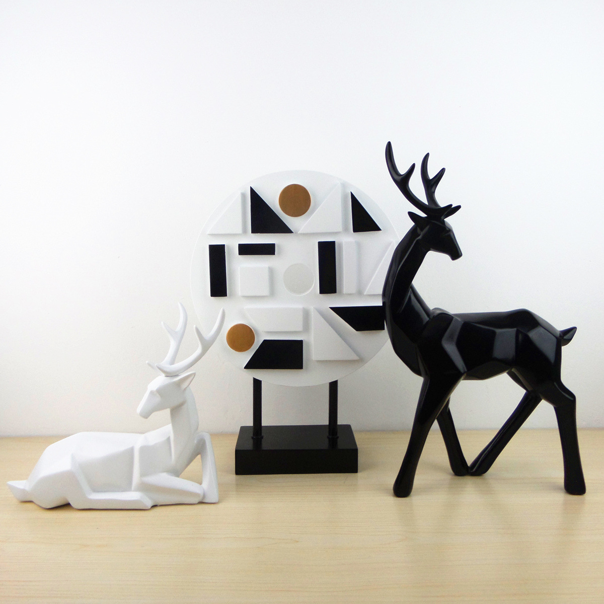 北欧简约几何鹿屏风摆件三件套客厅电视墙新家装饰摆设树脂工艺品