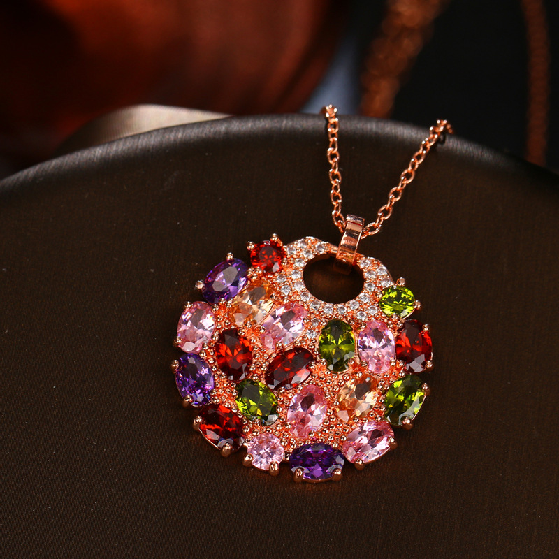 跨境爆款七彩锆石花好月圆玫瑰金项链吊坠蒙娜丽莎手链配套饰品