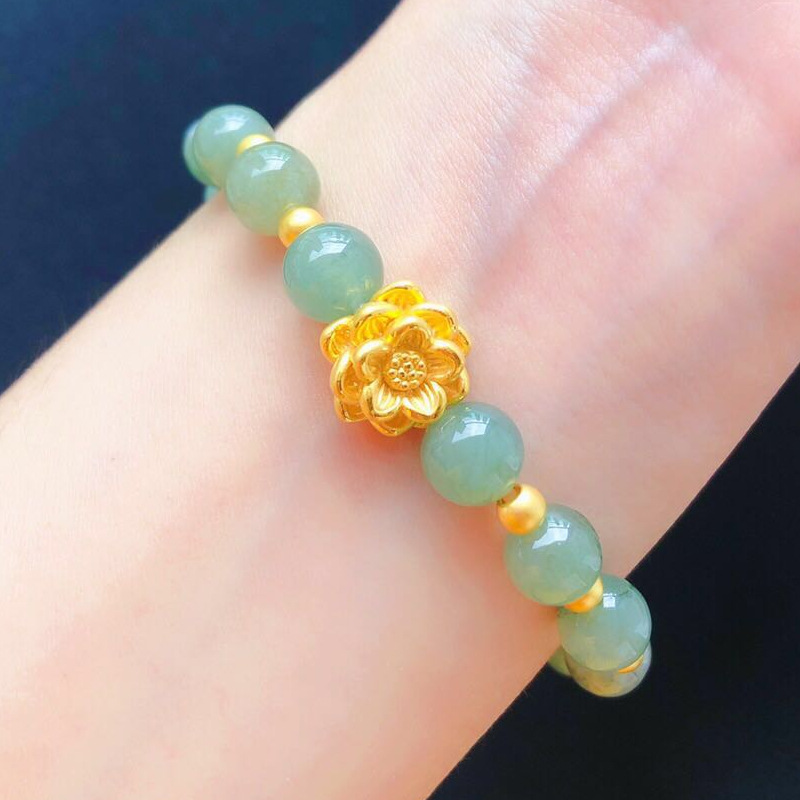 999足金莲花金珠翡翠手串3d硬金路路通黄金手链妈妈纯黄金首饰女