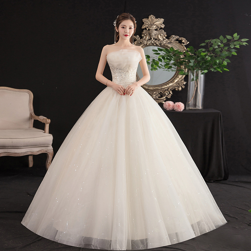 【齐地婚纱】2022新款白色抹胸新娘礼服 简约显瘦型欧美齐地婚纱
