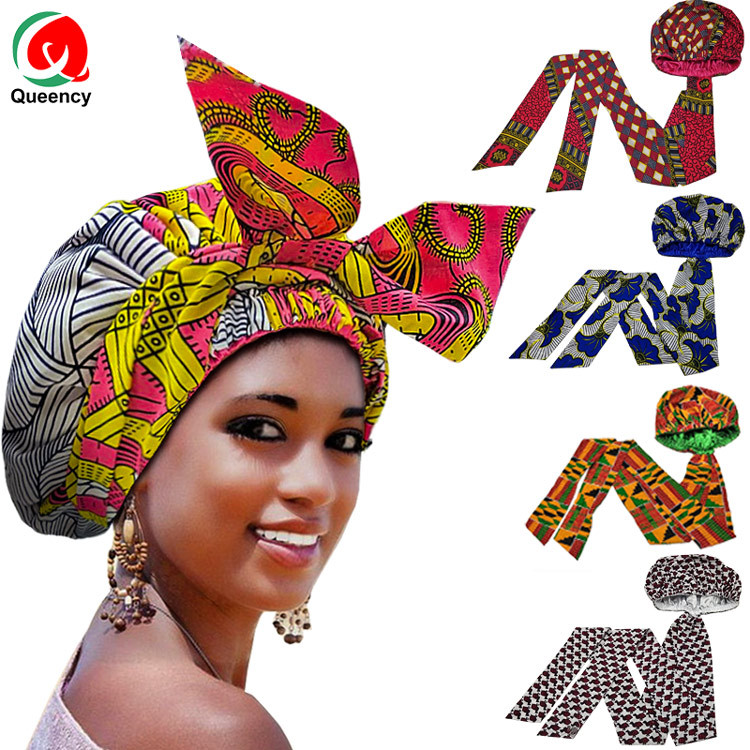 hqt102非洲系带弹性睡帽色丁棉蜡布印花女士头巾帽bonnethat