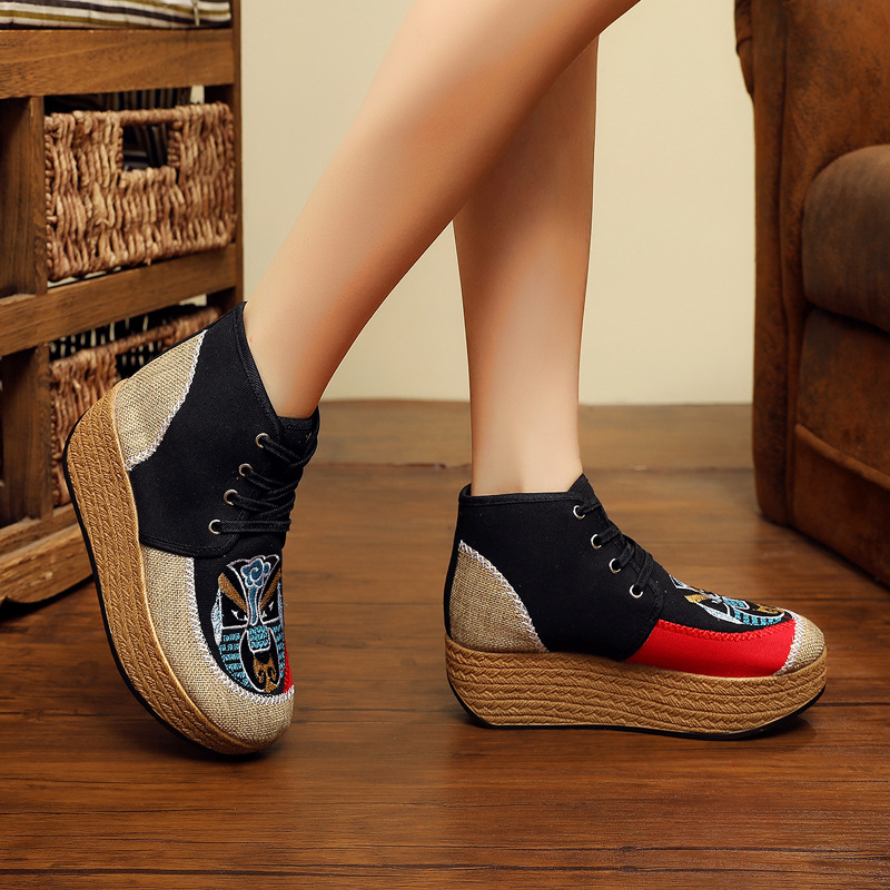 汉诺依亚麻边帆布民族风女鞋子休闲女士短靴冬季厚底圆头绣花鞋