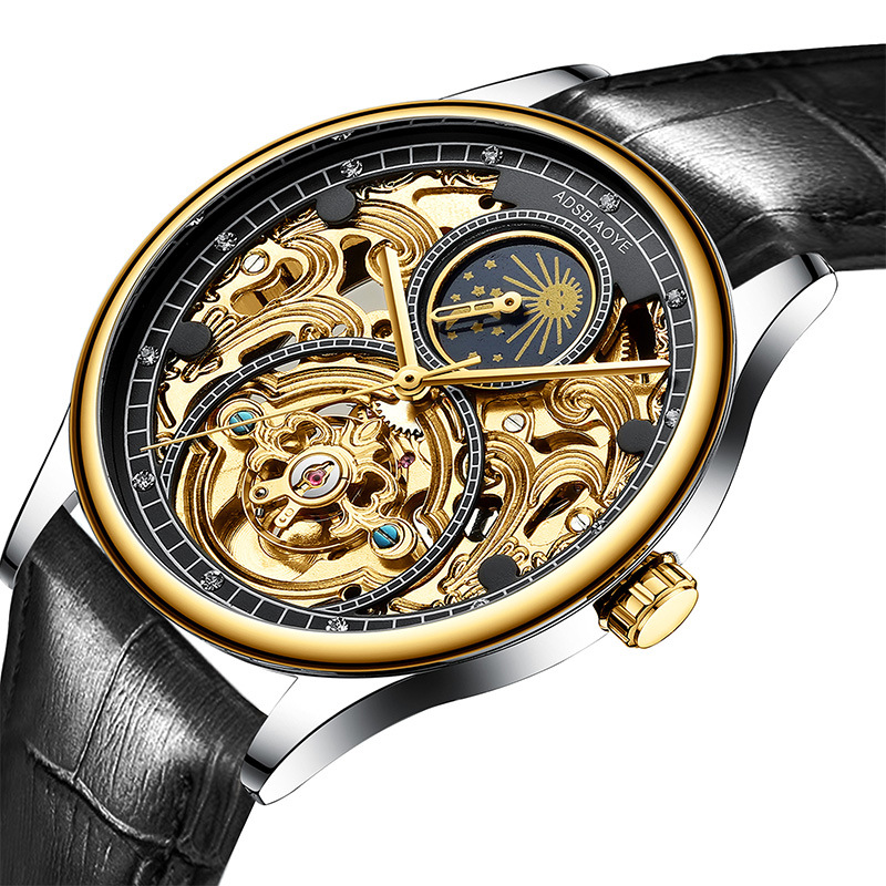 瑞士新款艾达时镂空月相全自动真皮机械表陀飞轮男士防水外贸手表