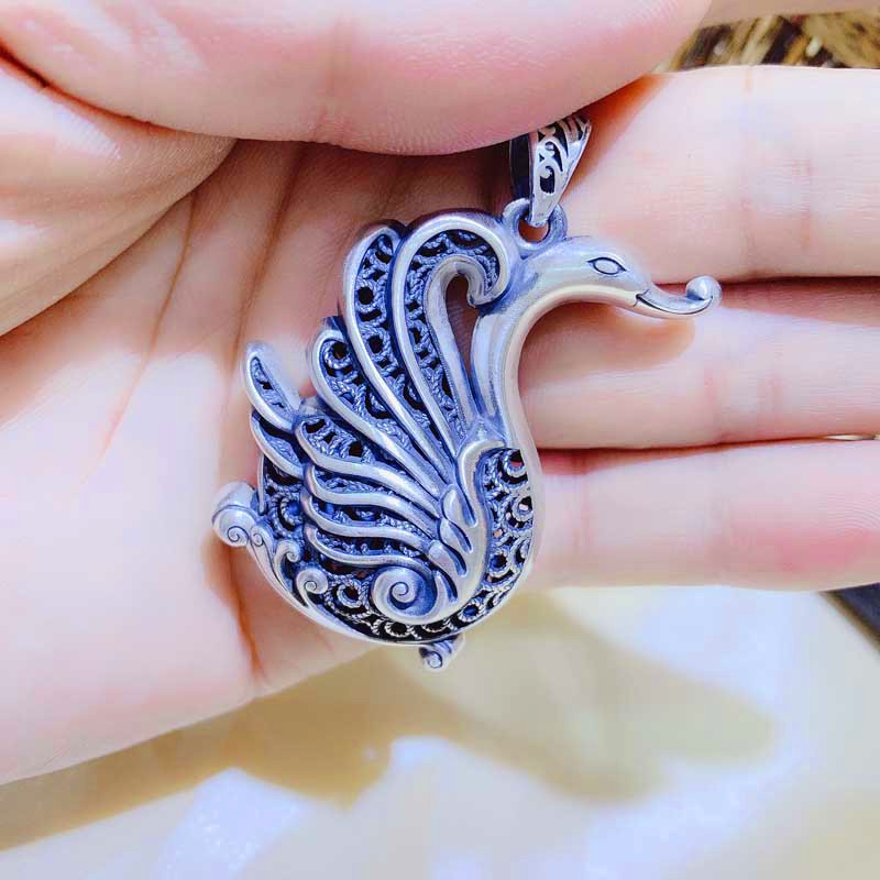 999足银民族风孔雀吊坠长款毛衣链坠子凤凰镂空苗银饰品